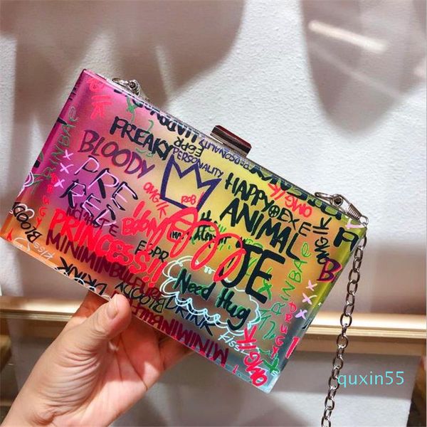 Bolsas de noite Graffiti Acrílico Crossbody Bag 2021 Moda Transparente Kisslock Embreagem Néon Cor Moeda Bolsa Bolsa Bolsa Bolsa