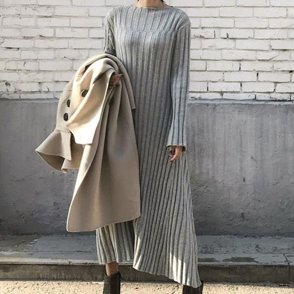 

casual dresses autumn winter hepburn long sleeve sweater maxi dress loose basic a line knitted slim black elegant clothes 2021 robe, Black;gray