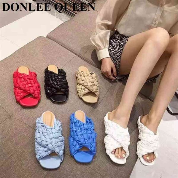 

size 35-42 summer slides weave open toe flat slipper slip on beach flip flops sandals casual shoes vacation drop 210619, Black