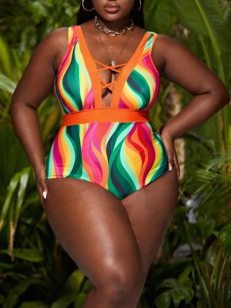 

plus colorful fluid criss cross one piece swimsuit f7po#, Black