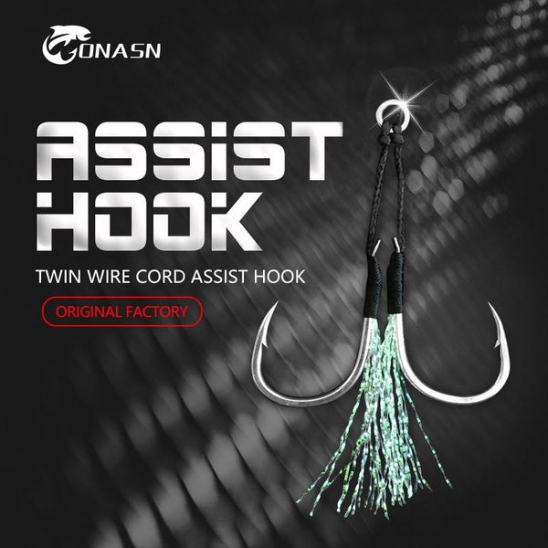 

fishing hooks onasn 2pcs/lot metal jig assist hook with pe line feather solid ring jigging spoon saltwater double sea fishhooks tackle