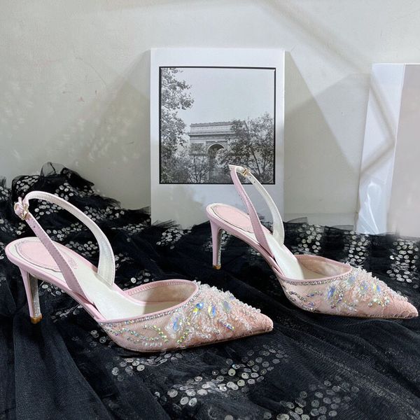 

designer summer lace crystal wedding shoes women pointed toe wrap toe thin high heel sandals luxury bride party shoes feminie, Black