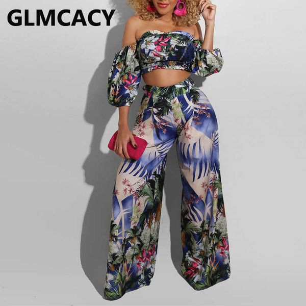 

women two piece floral suits tube & wide leg pants set 210702, White