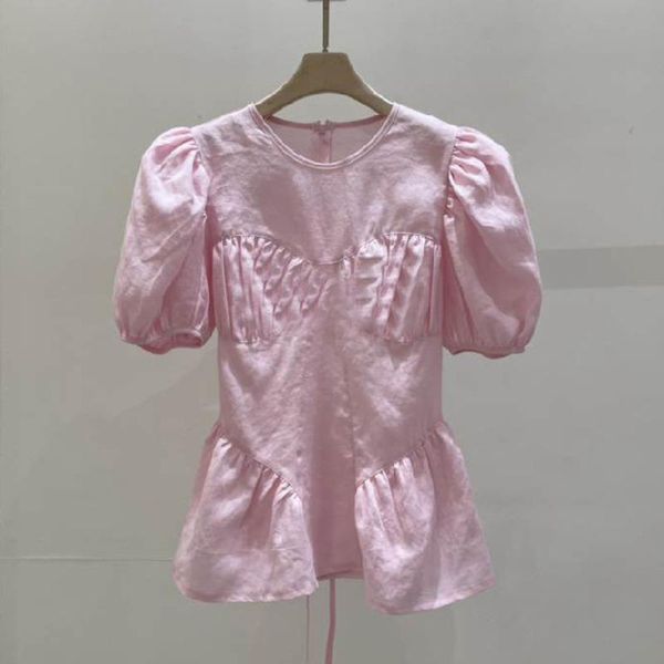 

women's blouses & shirts [ewq] korea chic summer casual trend women o neck solid color pleated loose fashion pink short-sleeved shirt 2, White