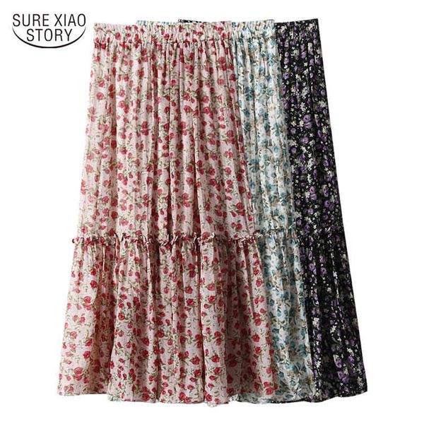 

pleated long jupe femme korean style floral chiffon skirts women elastic high-waisted a- line dress 9192 210415, Black