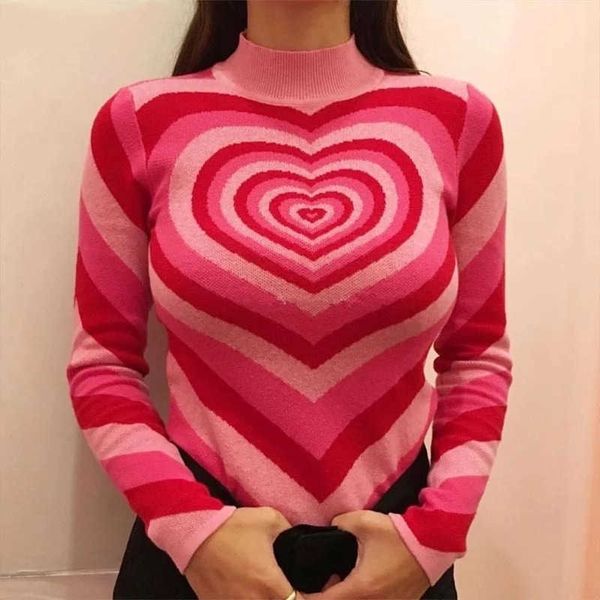 Amor listrado suéter cor combinando arco-íris retro alto-pescoço magro pulôver mulher outono y2k rosa cor-de-rosa de malha 210922