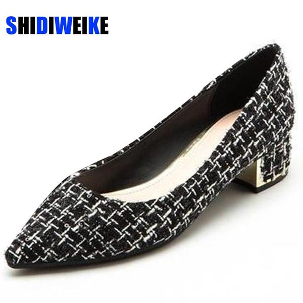 

dress shoes 2021 women pumps costume tweed boat plaid high heels office work patchwork chunky heeled 3.5cm ab563, Black