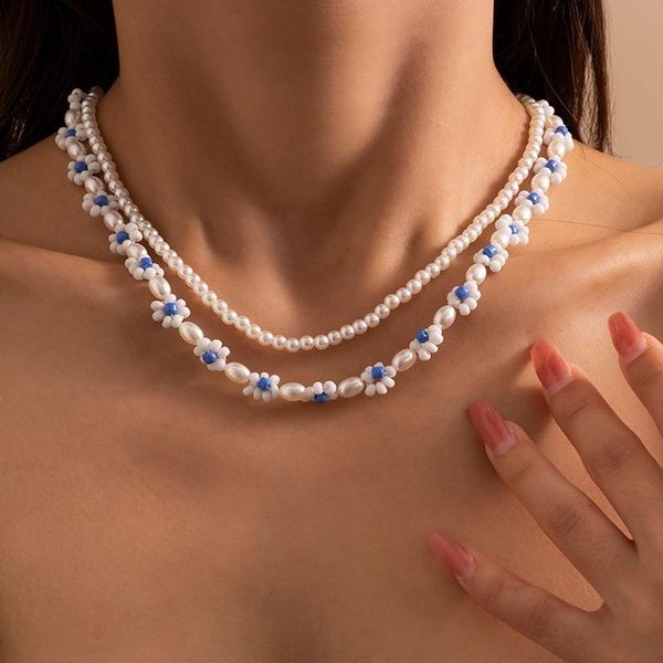 

chokers sweet daisy flower beaded choker necklace women multilayer 2pcs/set imitation pearl fashion jewelry collier perle, Golden;silver