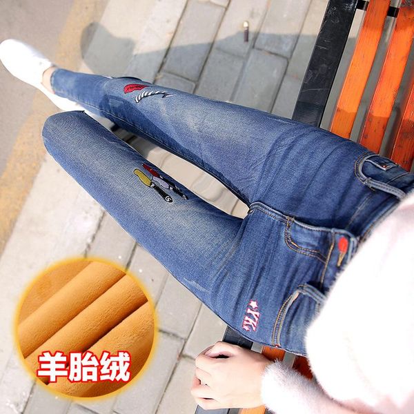

women's jeans nonis women mid waist thick warm velvet winter girl skinnny leggings fit sim pencil embroidery cowboy pants, Blue
