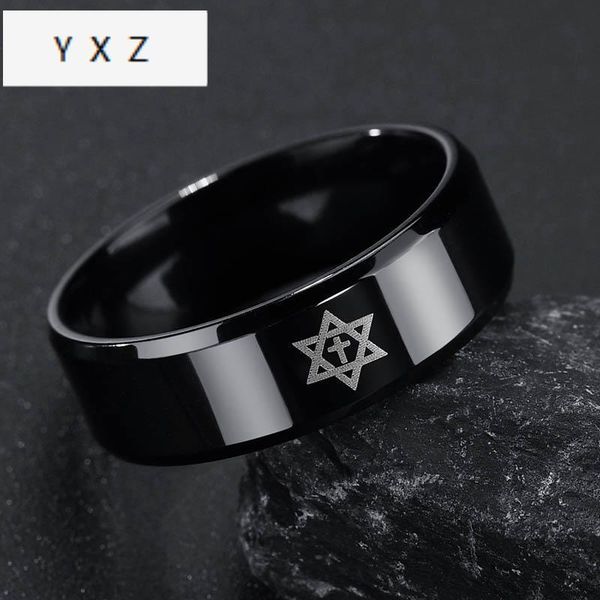 

cluster rings arrival titanium steel black color star symbol ring for men simple cross wedding band drop, Golden;silver