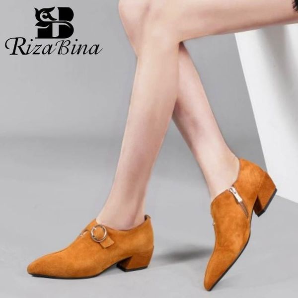

dress shoes rizabina women pumps fashion buckle zipper simple stylish pointed head thick heels office footwear size 35-42, Black