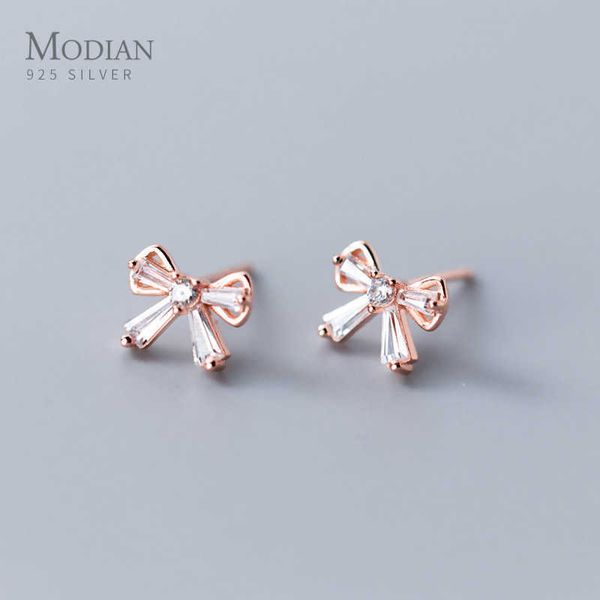 

real 925 sterling silver radiant zircon beautiful dainty bowknot stud earring for women luxury tiny ear pin fine jewelry 210707, Golden;silver