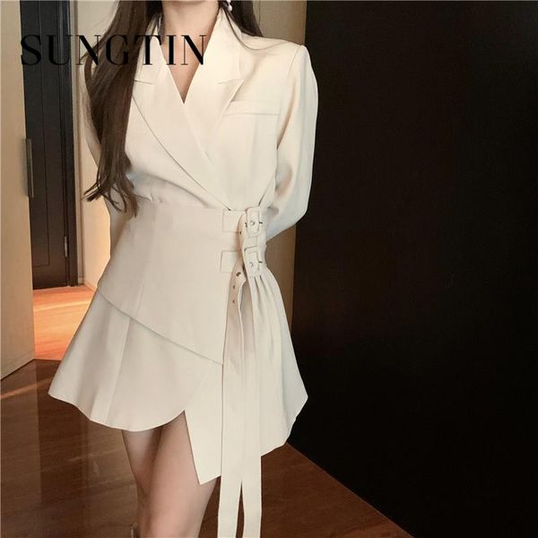 

casual dresses sungtin korean office lady blazer dress women sashes irregular mini slim female long sleeve elegant vestidos chic, Black;gray