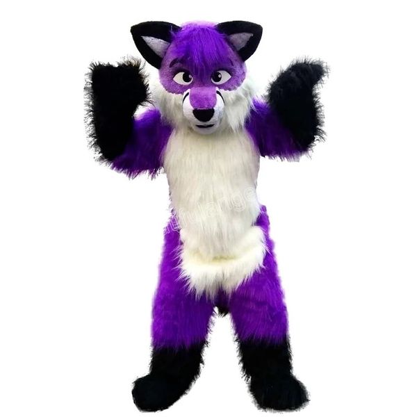 Halloween Capelli lunghi Viola Husky Fox Dog Dog Mascot Costume Di Alta Qualità Cartoon Peluche Animale Anime Tema Carattere Adulto Taglia Natale Carnival Fancy Dress