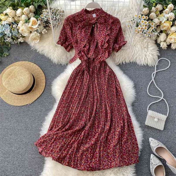 

women's floral dress summer student sweet print chiffon ruffled slim fit bow lace-up female ml878 210506, Black;gray
