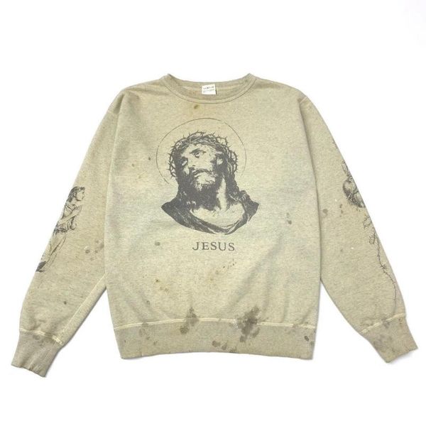 

men's hoodies & sweatshirts men vintage drity remake jesus distressed round neck jumper sweatshirt, Black