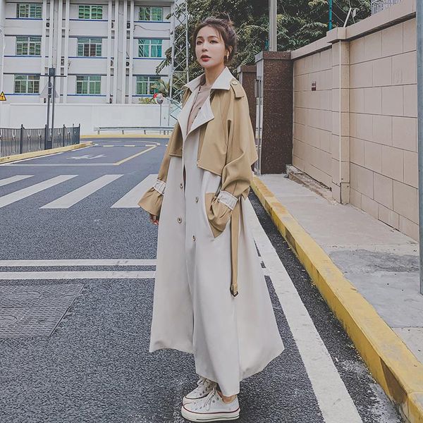 

women's trench coats brand women coat double-breasted long beige yellow patchwork duster for lady spring autumn fall female outerwear, Tan;black