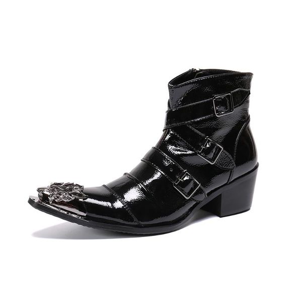 

boots european style high heels steel toe metal botas masculina black leathter formal mens dress side zipper punk rock