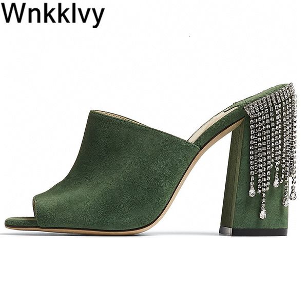 

slippers rhinestone fringe chunky high heels women real suede peep toe sandals flipflops summer candy color party dress shoes olp8, Black