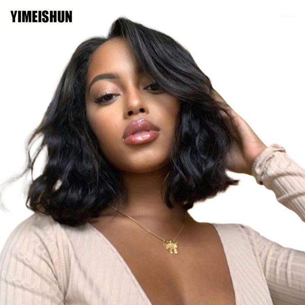 

body wave wig short t part lace human hair bob 4*4 closure wigs for black women peruvian1, Black;brown