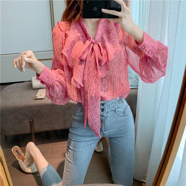 

women's blouses & shirts early spring 2021 chiffon shirt long sleeve ribbon printed bow versatile slim wholesale, White