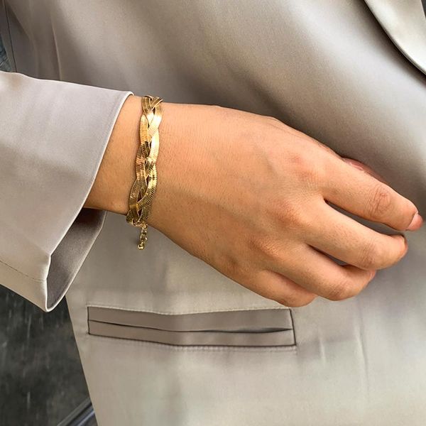 

link, chain trendy gold/silver color flat snake link bracelets fashion geometric twisted chunky plait jewelry gifts, Black