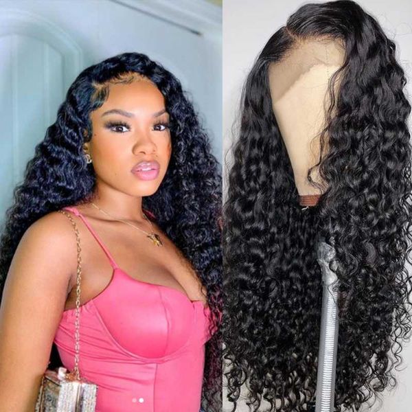 

deep curly lace front wig 180 high density wave human hair bleached knots loose for black women wigs, Black;brown