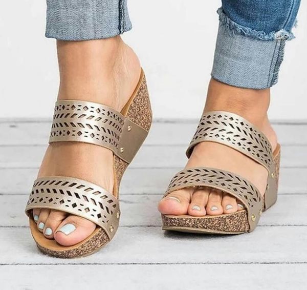 

summer women fashion wedge heel sandals pu leather hollow out light weight slippers, Black