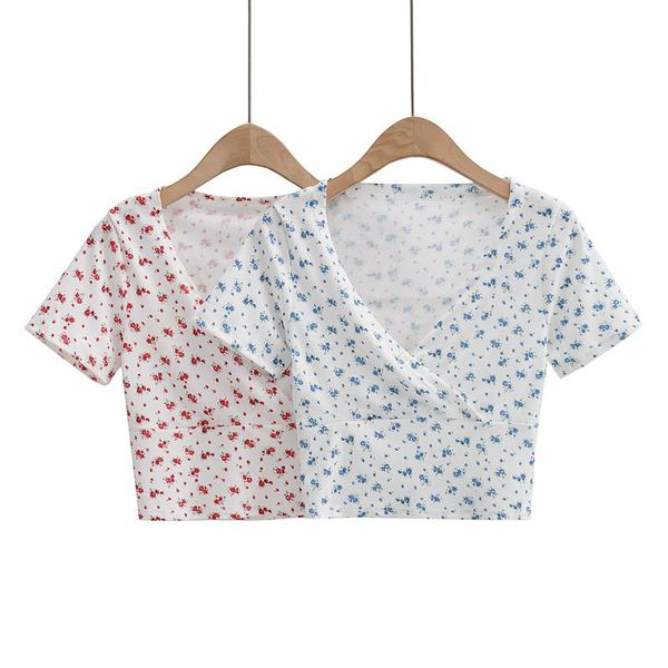 

women's t-shirt 2021 women summer arrival girls thin casual floral print cross v-neck short-sleeved tees, White