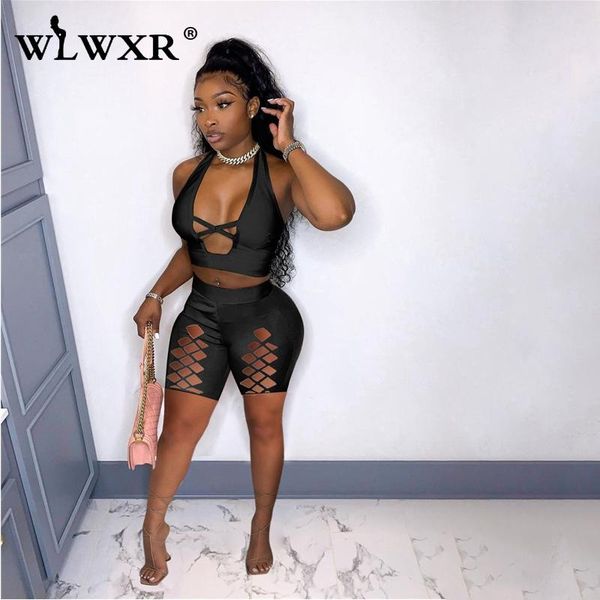 

women's tracksuits wlwxr summer streetwear solid hollow out 2 two piece sets women matching set female halter sleeveless crop shorts 20, Gray