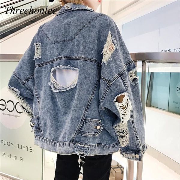 

women's jackets korean ripped denim jacket female spring and autumn version student loose hole tide soft coats, Black;brown
