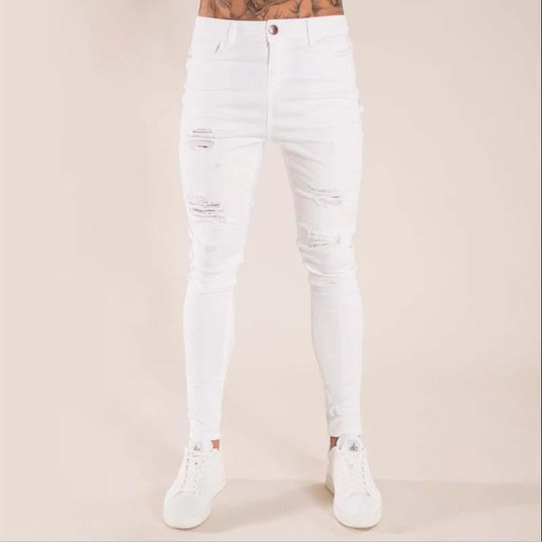 

men's jeans 2021 slim white fashion ripped holes skinny destroyed denim pants male streetwear joggers, Blue