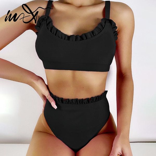 

women's swimwear in-x ruffle bikini 2021 sports swimsuit women bandeau female high waist 2 pieces set bathing suit beach wear biquini, White;black