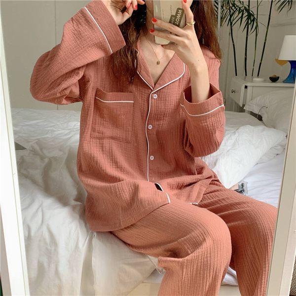 

sleepwear pure cotton sweet lovely pajamas women autumn long sleeve cardigan solid color home clothes two piece suit, Black;red