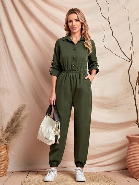 

emery rose roll tab sleeve half button jumpsuit t8dr#, White