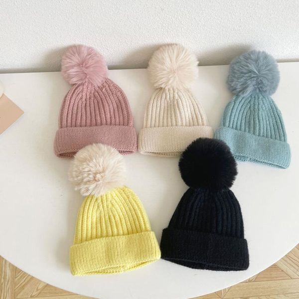 

caps & hats baby girl hat cute pompom cap beanie autumn winter warm knitted children girls solid hairball elastic kids bonnet, Yellow