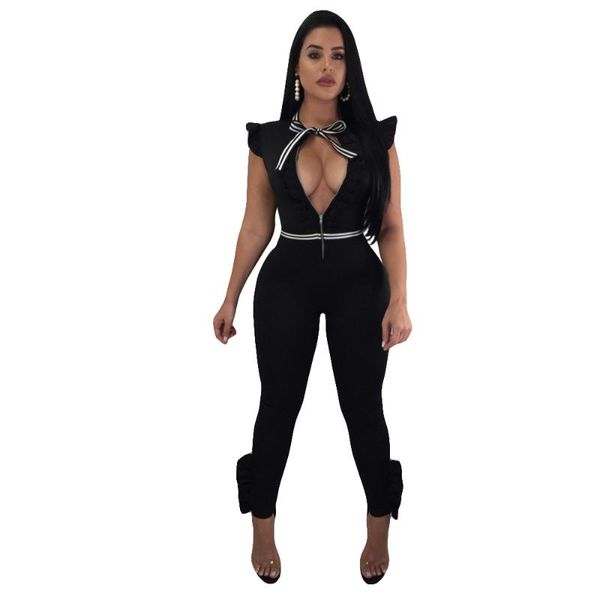

women's two piece pants joiekuno solid fashion frill jumpsuits o neck zip party club rompers women set bodycon blusas mujer de moda bn9, White