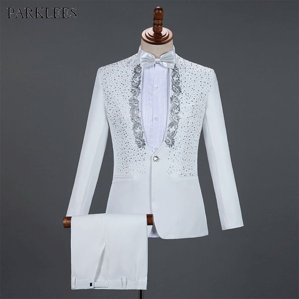 

white sparkly crystals embroidery mens suits with pants wedding groom tuxedo suit men stand collar stage costume homme mariage 210522, White;black