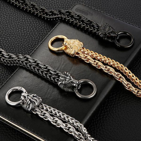 

link, chain stainless steel gothic men's bracelets with lion heads double layer link bracelet men gift bag wholesale male jewelry, Black