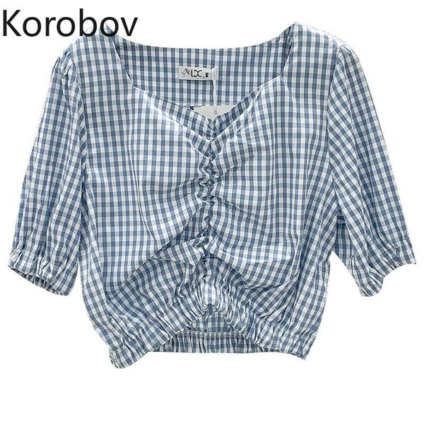 

women's blouses & shirts korobov 2021 summer women plaid vintage v neck puff short sleeve korean ol sweet chic blusas mujer, White