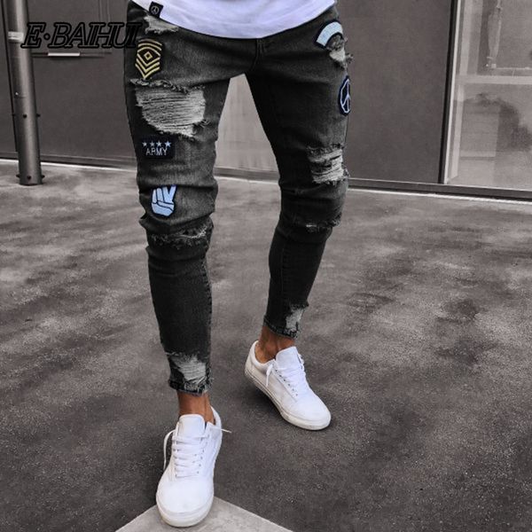 

men's jeans embroidered ny hole trousers casual thin summer denim pants classic cowboys young 11059 fw5g, Blue