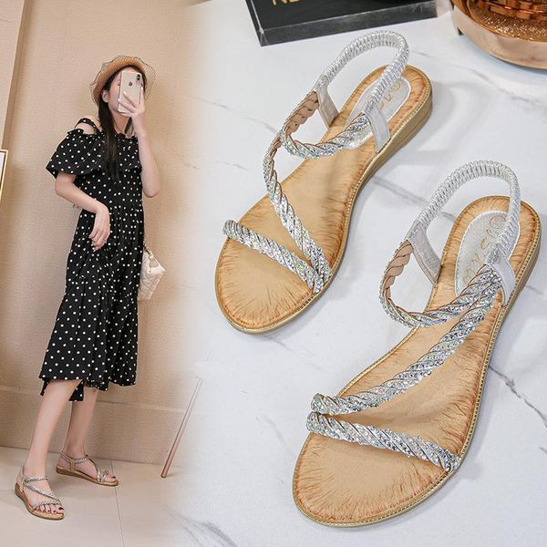 

beach shoes glitter slides ladies' slippers elastic band slipers women low sabot jelly 2021 flat fabric scandals bling pu crysta, Black