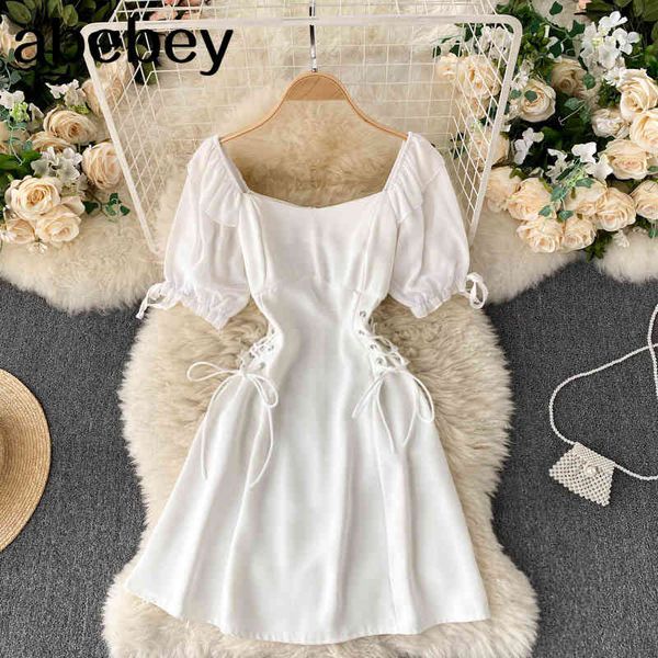 

women solid white dress square collar puff-sleeve a line es summer draw string ruffles beach short 210512, Black;gray