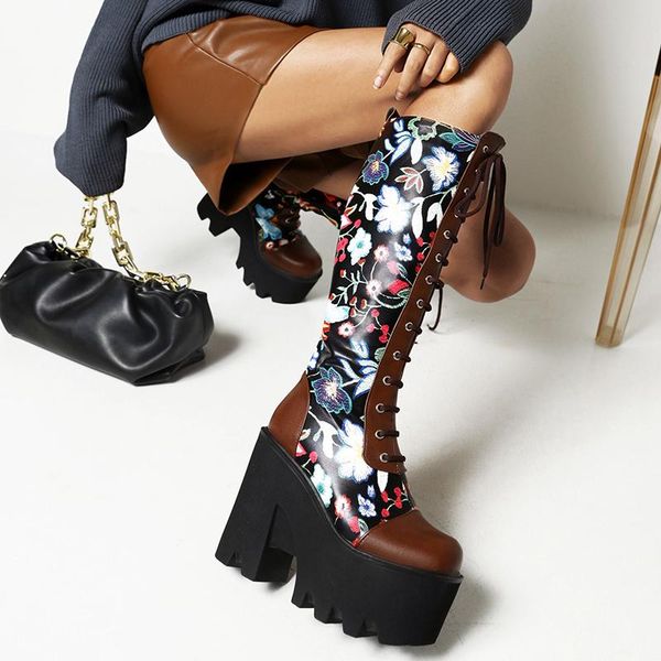 

boots punk style women length boot cross strap square head female knee small floral thicksoled super high ladies platform shoes, Black