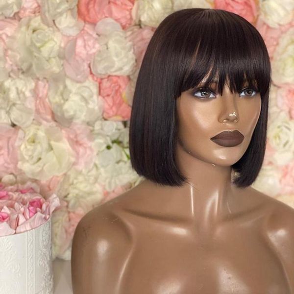 

lace wigs silky straight fringe bob human hair natural color for black women 150 density remy front with bangs, Black;brown