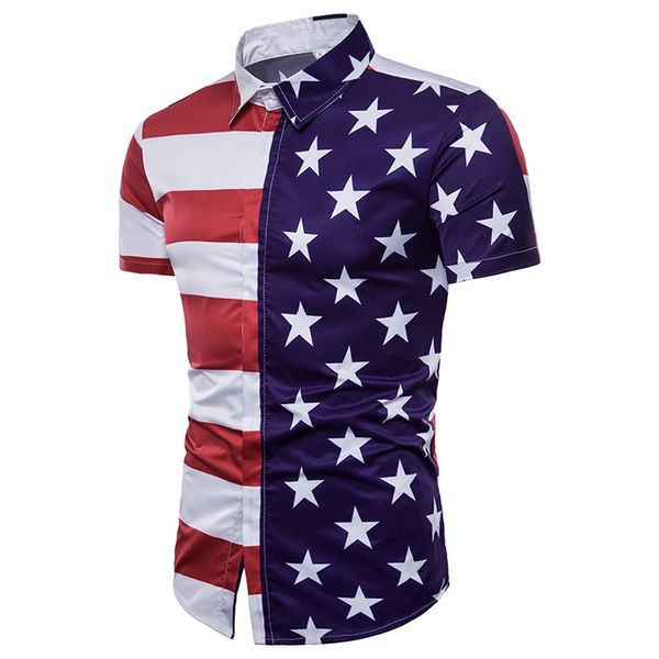 Verão Novo Design Moda Masculina camisetas Bandeira Americana Estrelas impressas Camisa Daily Casual Praia De Manga Curta Algodão Camisas