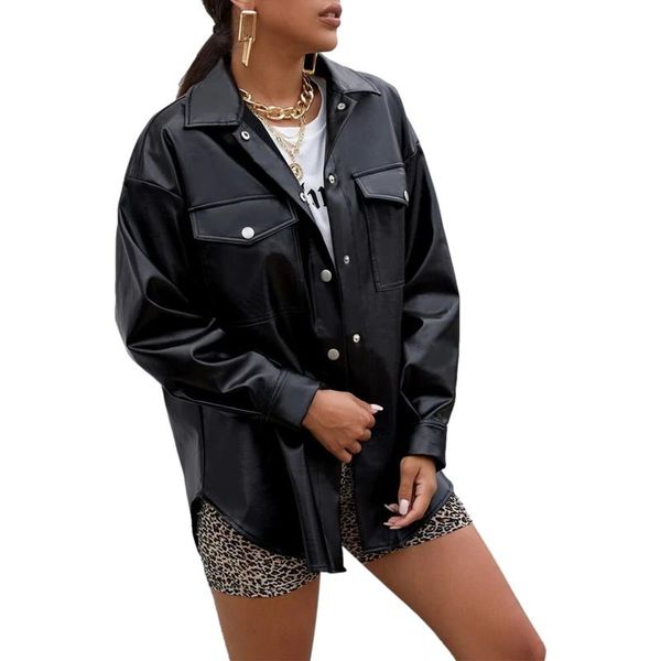 

women's jackets women leather coat long sleeve turn down collar chest pockets street loose fit single breasted motorcycle cardigan blac, Black;brown