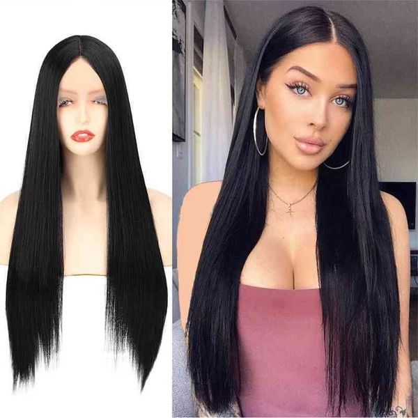 

long medium front women's straight hair lace chemical fiber headgear, Black