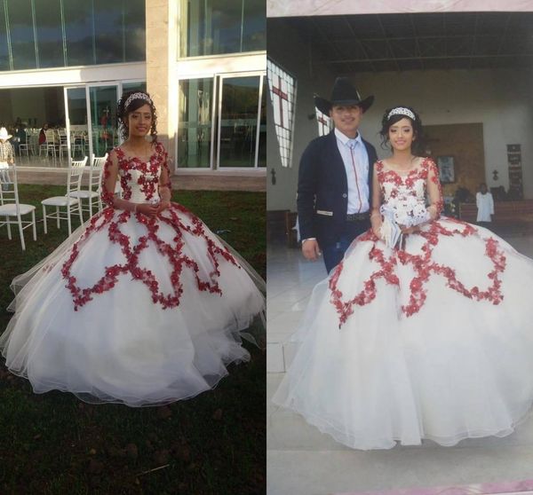

modern red 3d floral flowers white quinceanera dresses 2022 ball gown jewel neck long sleeves illusion beaded lace sweet 15 prom eveening dr, Blue;red