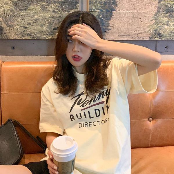 

women's t-shirt 2021 summer korean letter printing medium length short sleeve loose super student top, White